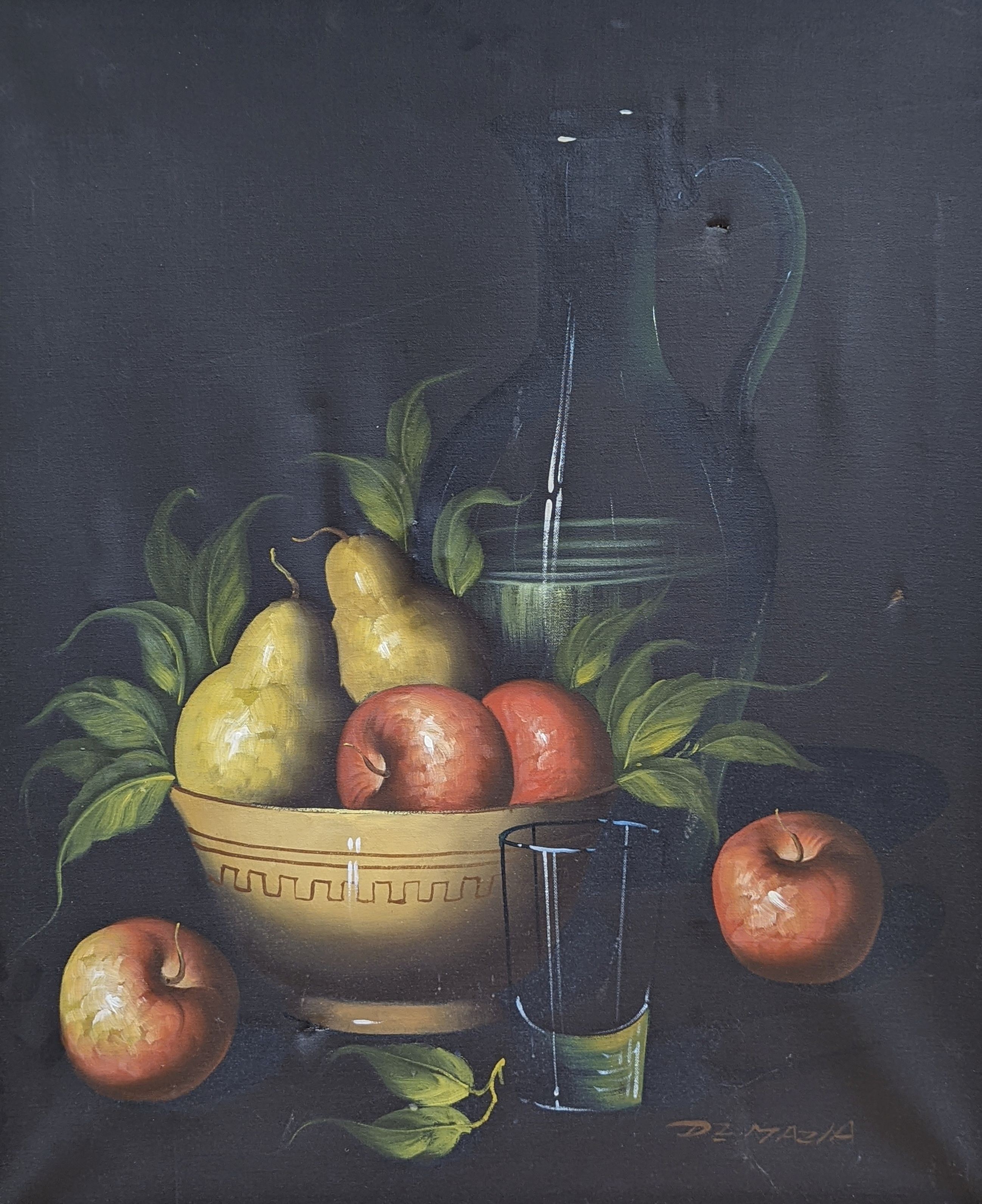De Mazia, oil on canvas, Still life of fruit and glassware, signed, 60 x 50cm